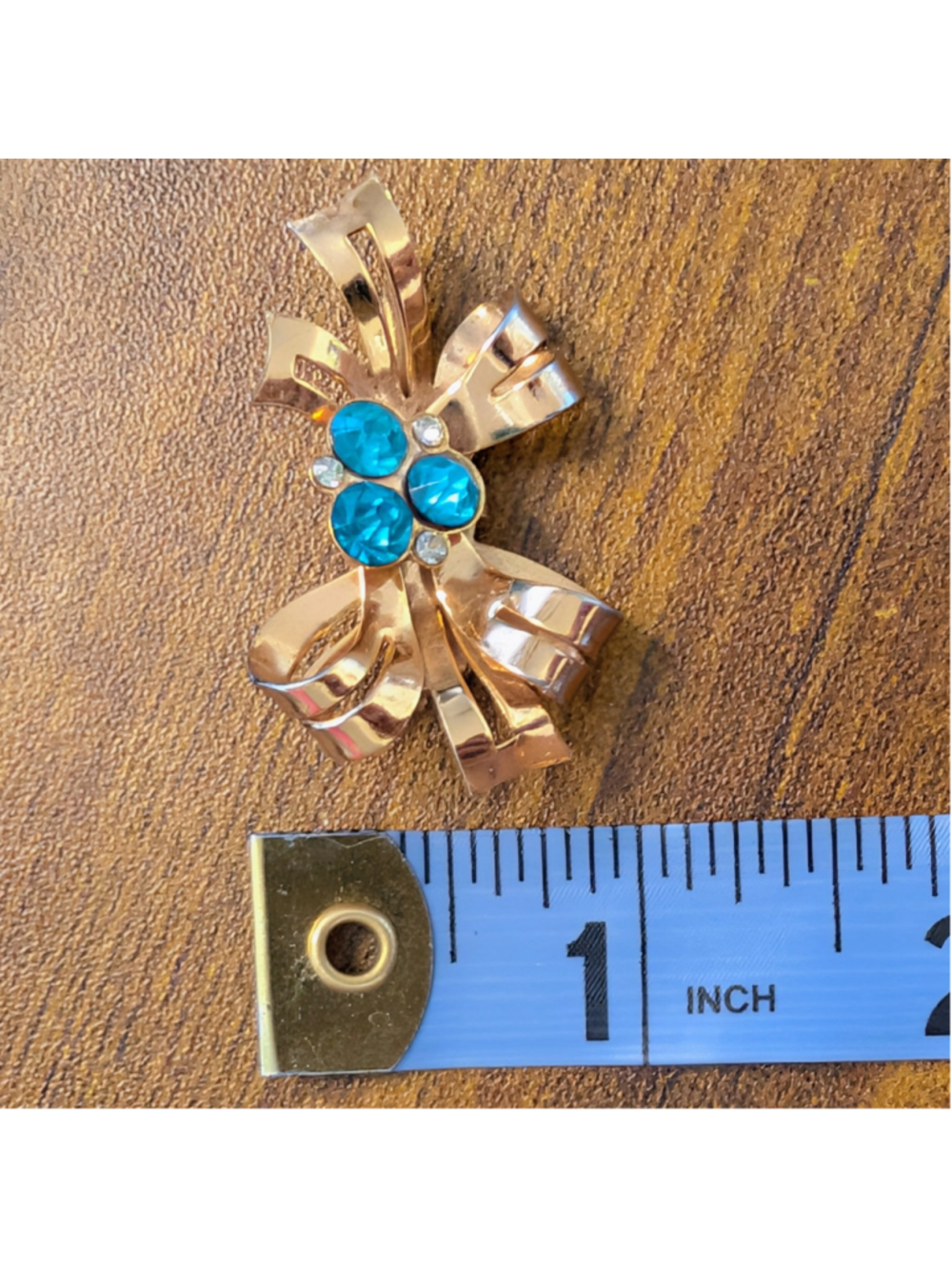 Vintage Coro Blue Rhinestone Bow Brooch Gold Tone Mid Century Ribbon Pin - Picture 8 of 10